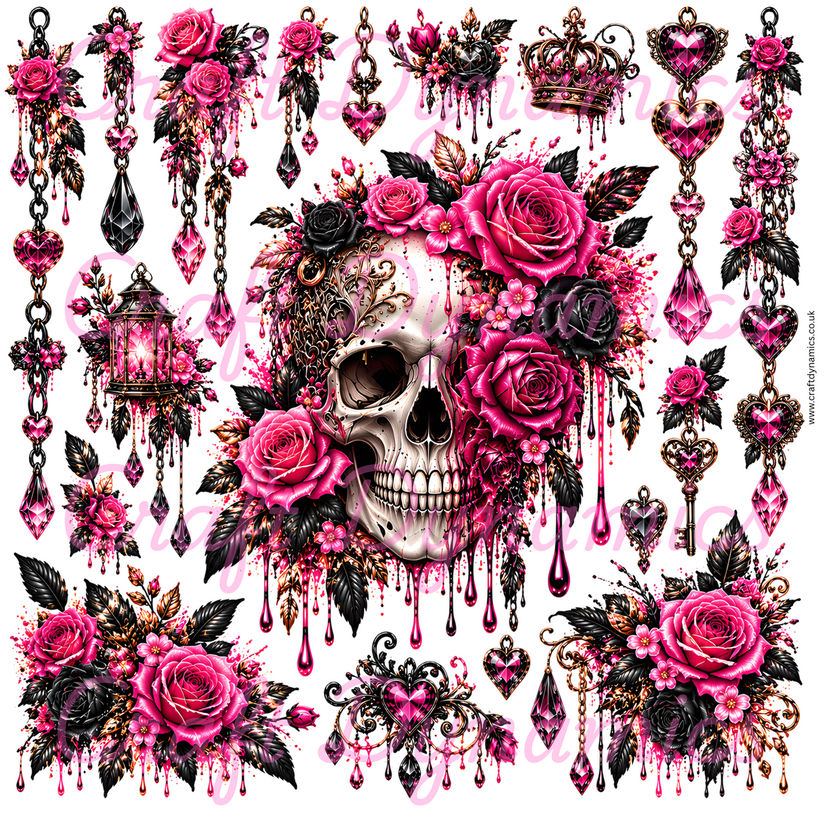 UVDTF Decal Sheet – Ready to Apply Transfers - Pink Gothic Rose Skull