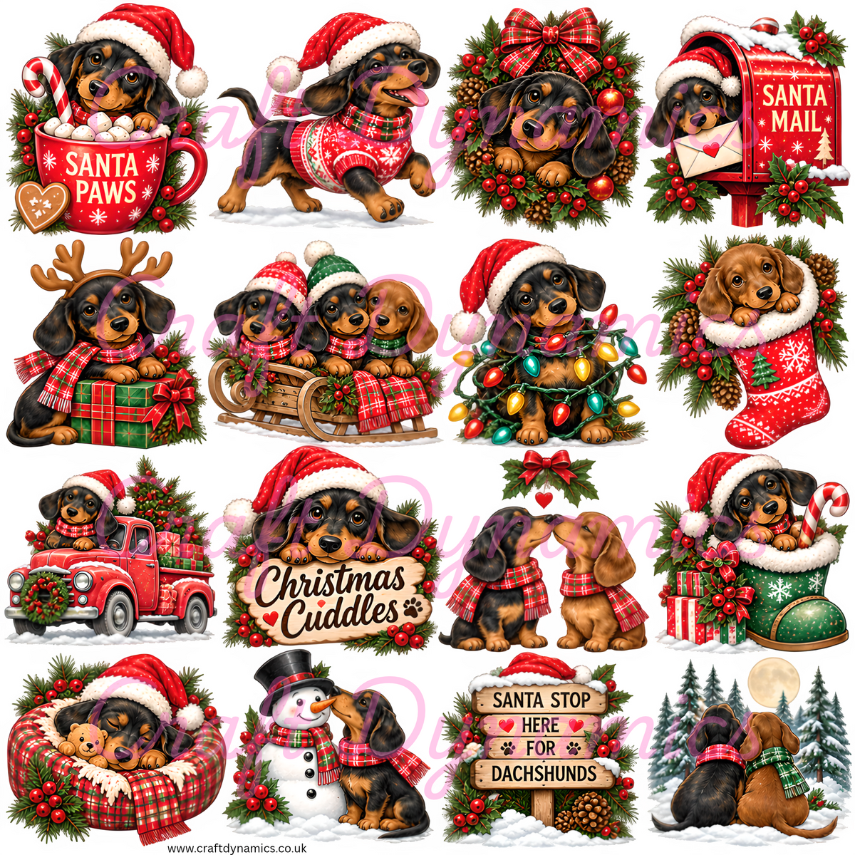 UVDTF Decal Sheet – Ready to Apply Transfers - Xmas Dachshunds