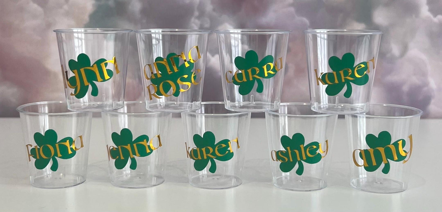 Personalised Shamrock Plastic Shot Glasses Special Occasion Birthday Celebration Hen Party Stag Do Wedding St Patrick’s Day