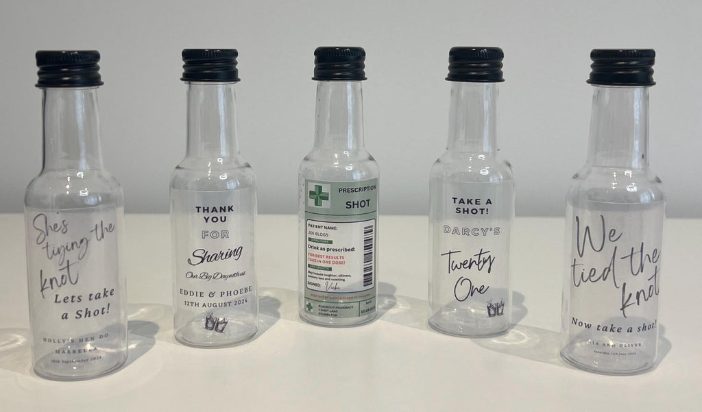 Personalised Take a shot plastic bottles 60ml Special Occasion Birthday Celebration Hen Party Wedding stag do