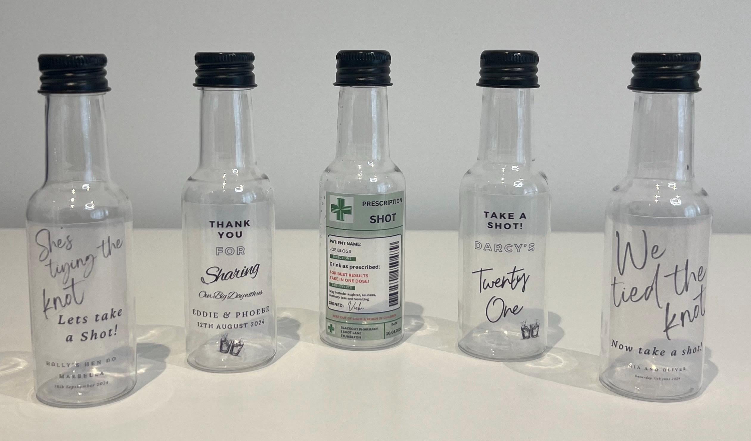 Personalised Take a shot plastic bottles 60ml Special Occasion Birthday Celebration Hen Party Wedding stag do