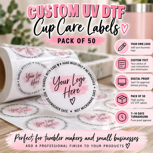 UVDTF Decal Sheet – Custom UV DTF Cup Care Labels – Pack of 50