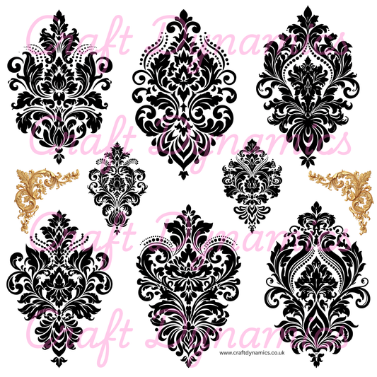 UVDTF Decal Sheet – Ready to Apply Transfers - Damask Elegance