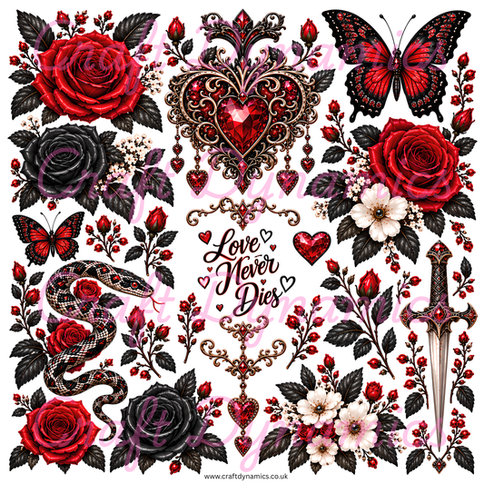 SALE UVDTF Decal Sheet – Gothic Love Never Dies FULL WHITE BACKING