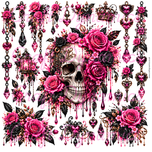 UVDTF Decal Sheet – Ready to Apply Transfers - Pink Gothic Rose Skull
