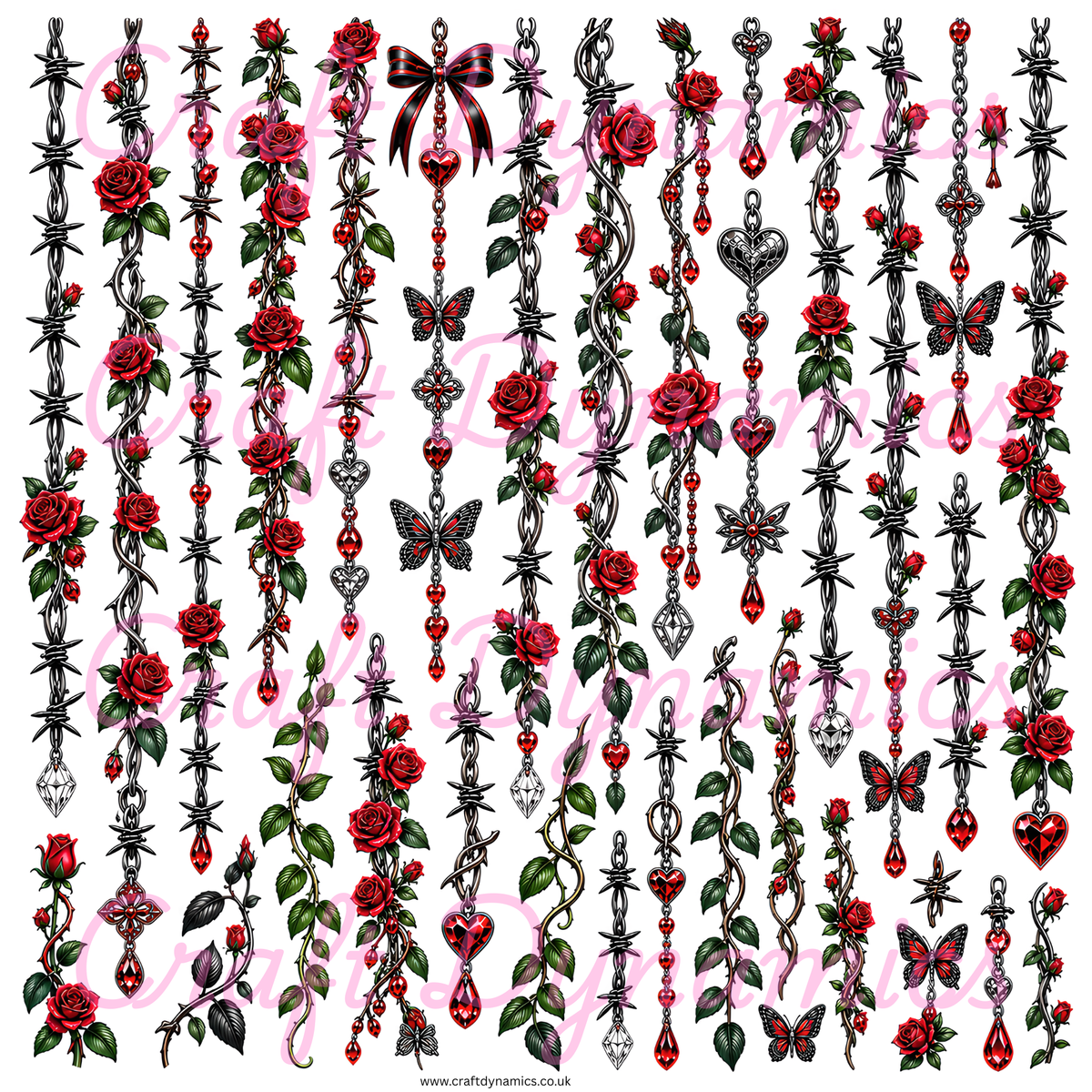 UVDTF Decal Sheet – Ready to Apply Transfers - Gothic Rose & Thorns Danglers