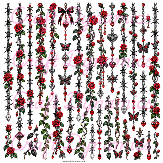 UVDTF Decal Sheet – Ready to Apply Transfers - Gothic Rose & Thorns Danglers