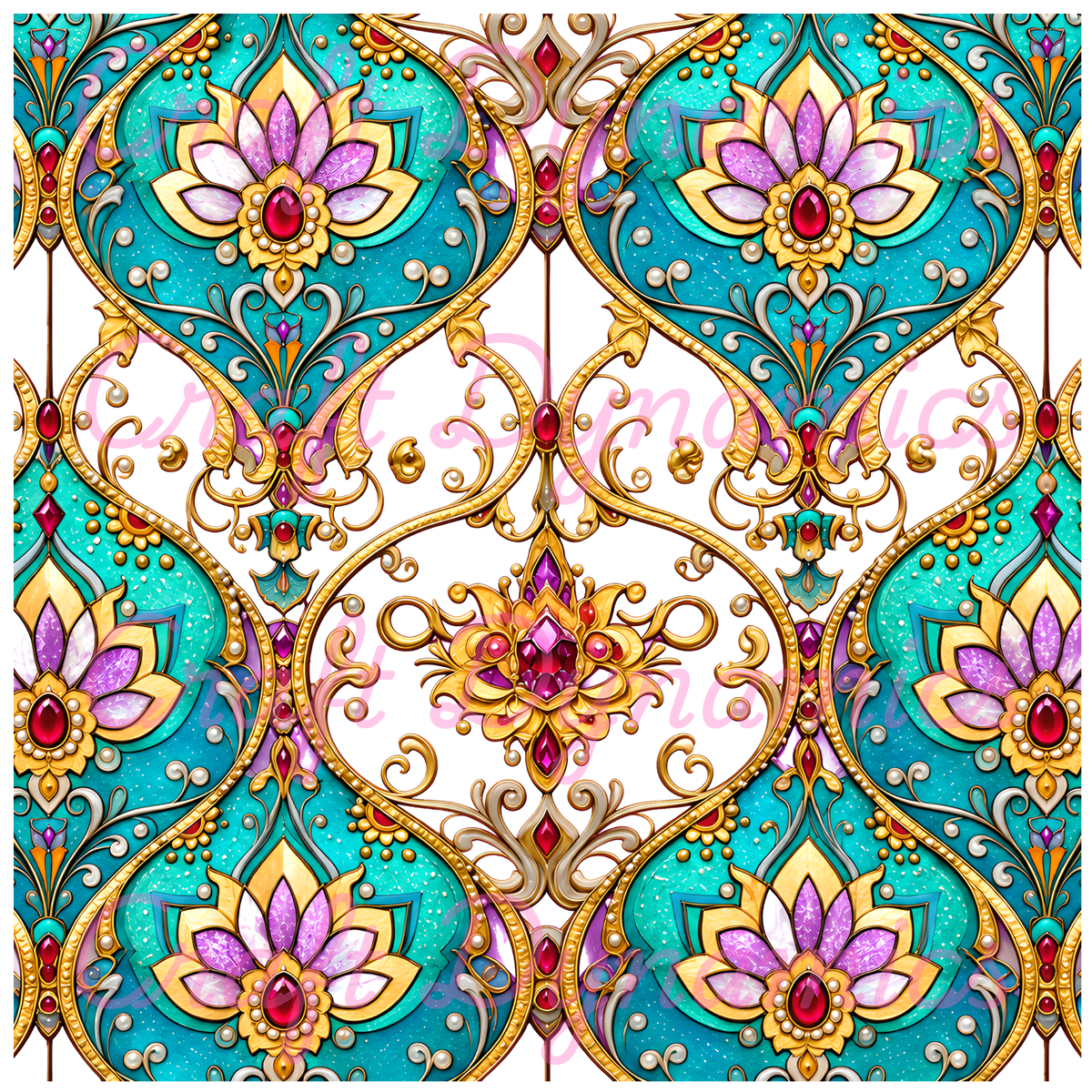 UVDTF Decal Sheet – Ready to Apply Transfers - Jewelled Turquoise and Gold Arabesque Pattern