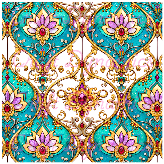 SALE UVDTF Decal Sheet – Jewelled Turquoise and Gold Arabesque Pattern FULL WHITE BACKING (Copy)