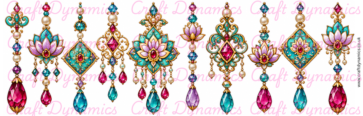 Mini UVDTF Decal Sheet – Ready to Apply Transfers - Mini Jewelled Turquoise and Gold Arabesque Danglers