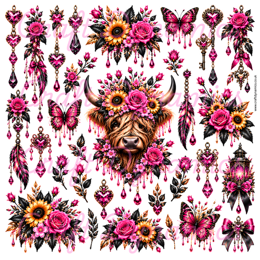 UVDTF Decal Sheet – Ready to Apply Transfers - Pink Highland Cow