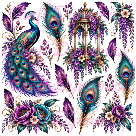 UVDTF Decal Sheet – Ready to Apply Transfers - Purple Peacock