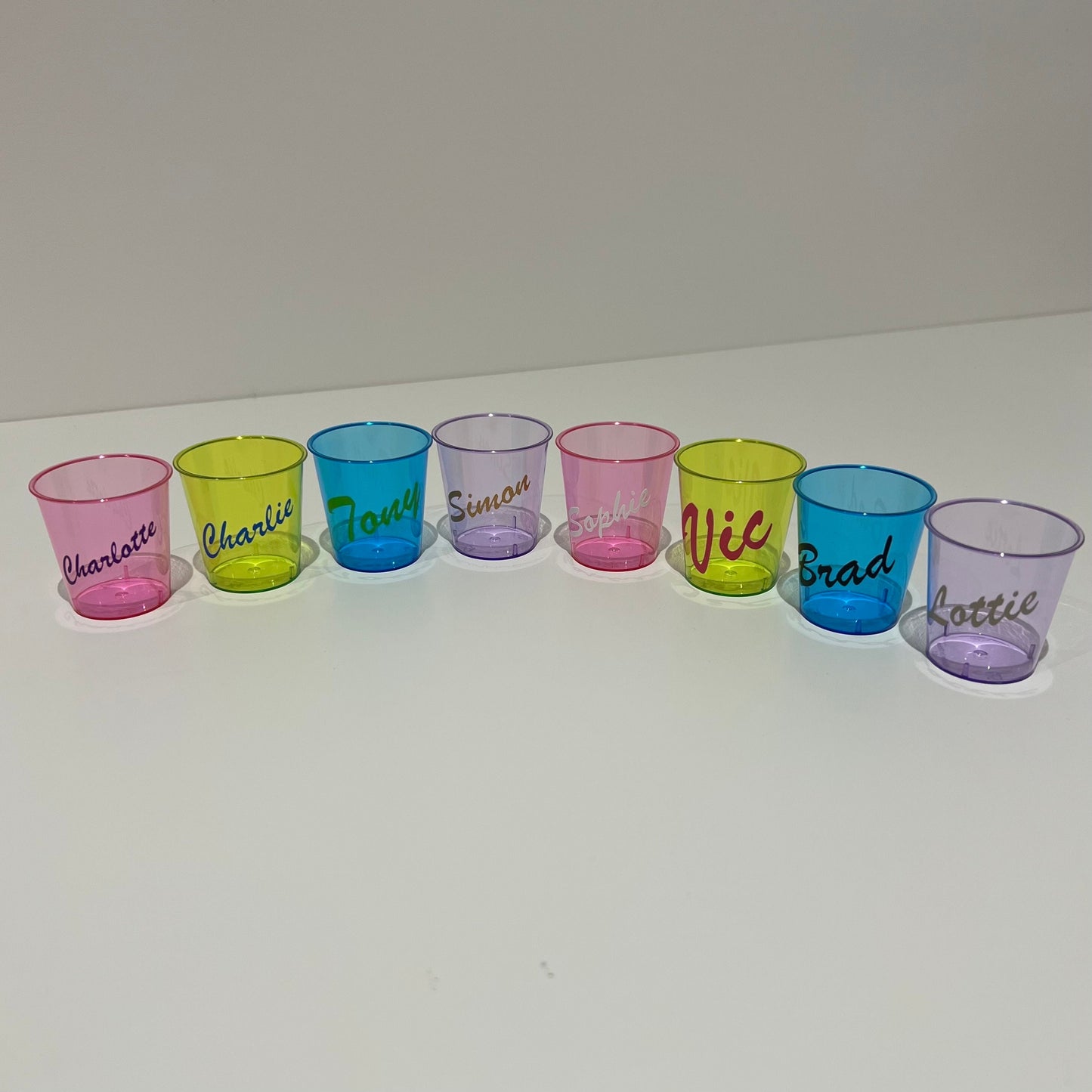 Personalised neon Plastic Shot Glasses Special Occasion 18th 21st 30th 40th 50th 60th Birthday Celebration Hen Party Stag Do Wedding